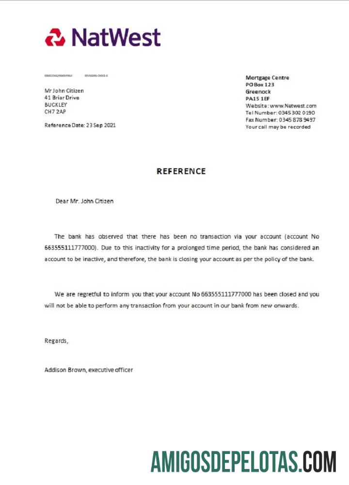 Referência de fechamento do Natwest do Reino Unido baixar para verificação